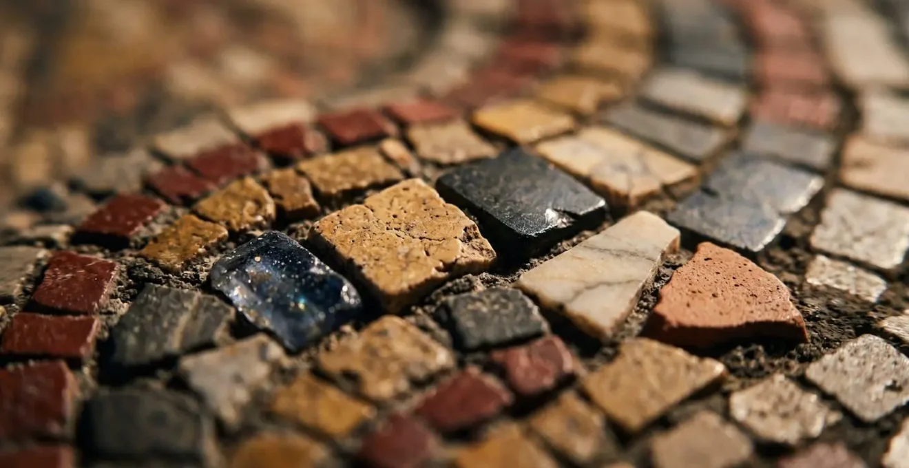 Dettaglio ravvicinato di tessere minuscole di un mosaico romano con tecnica opus vermiculatum
