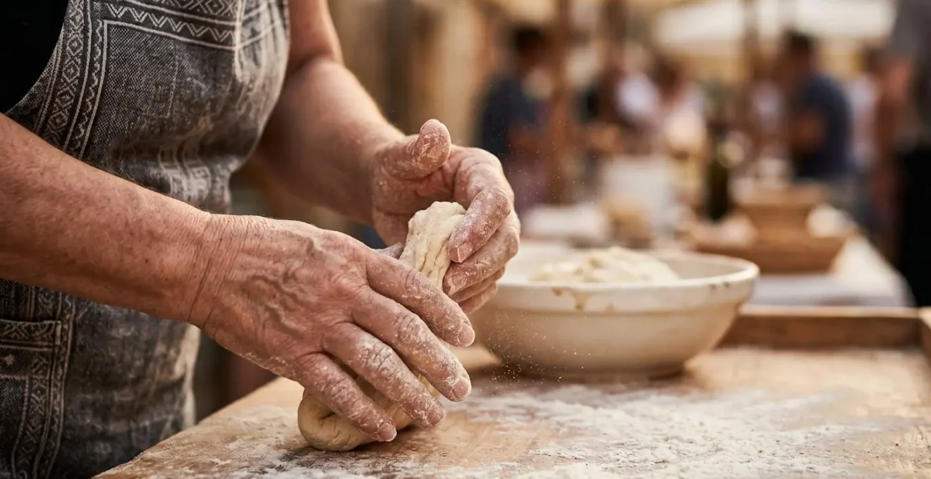 Primo piano di mani che preparano cibo tradizionale durante una sagra locale italiana