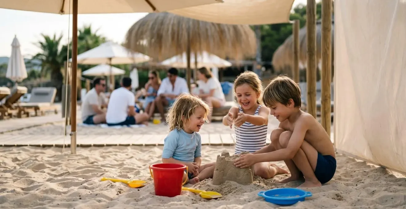Bambini che giocano in area sicura e ombreggiata di stabilimento balneare family-friendly