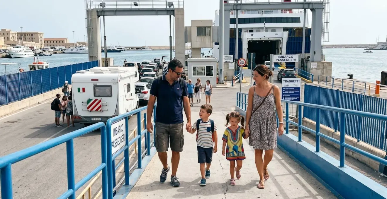 Una famiglia italiana con due bambini cammina verso la rampa di imbarco di un traghetto moderno, con il loro camper bianco visibile sullo sfondo in attesa di salire a bordo