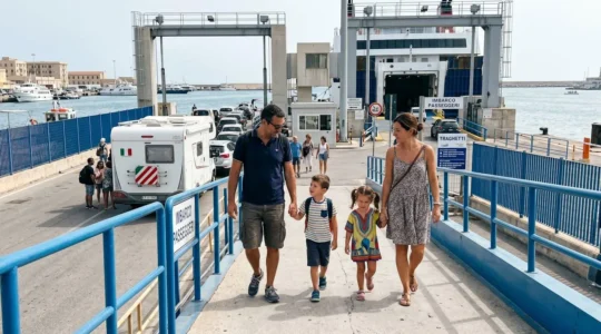 Una famiglia italiana con due bambini cammina verso la rampa di imbarco di un traghetto moderno, con il loro camper bianco visibile sullo sfondo in attesa di salire a bordo