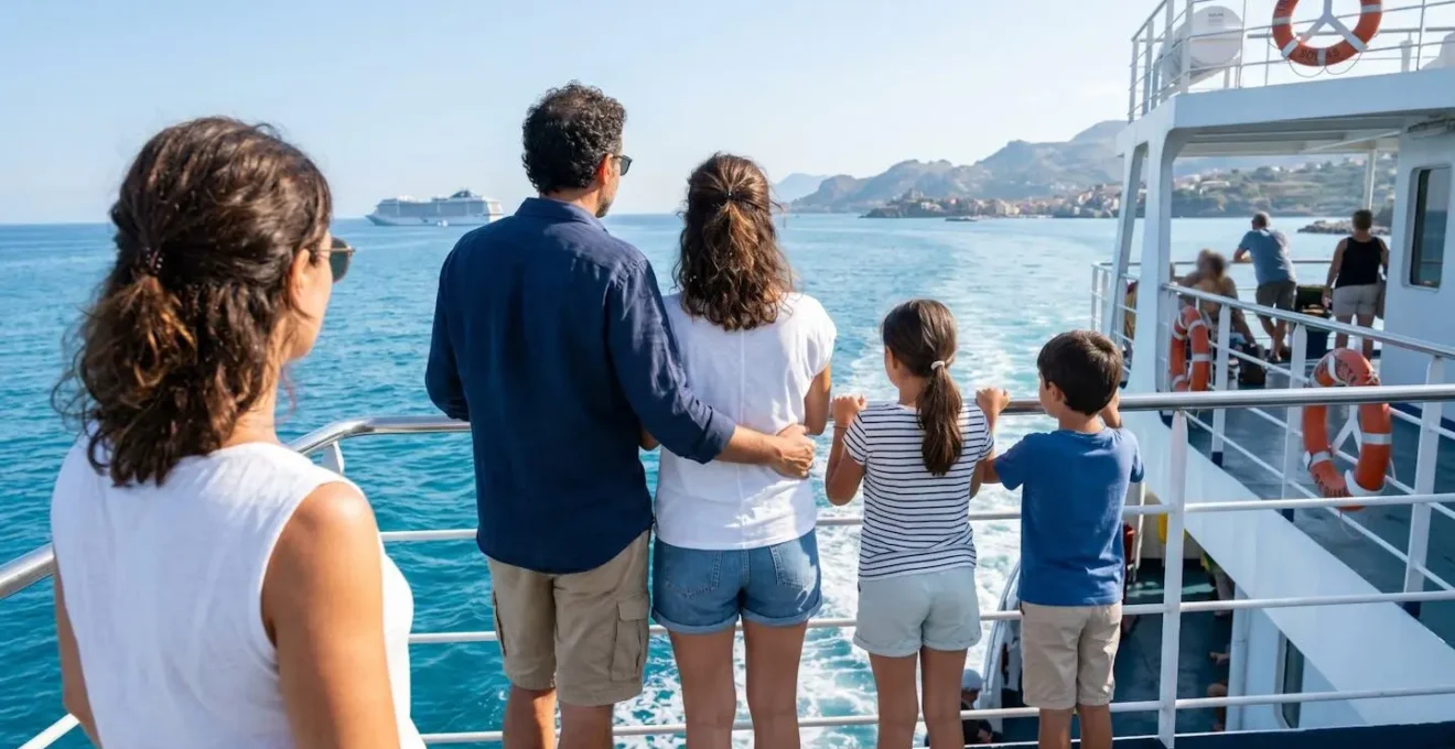 Una famiglia italiana con due bambini osserva il mare Mediterraneo dal ponte di un traghetto moderno durante una mattinata estiva