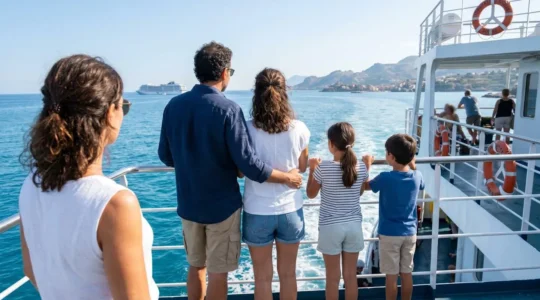 Una famiglia italiana con due bambini osserva il mare Mediterraneo dal ponte di un traghetto moderno durante una mattinata estiva