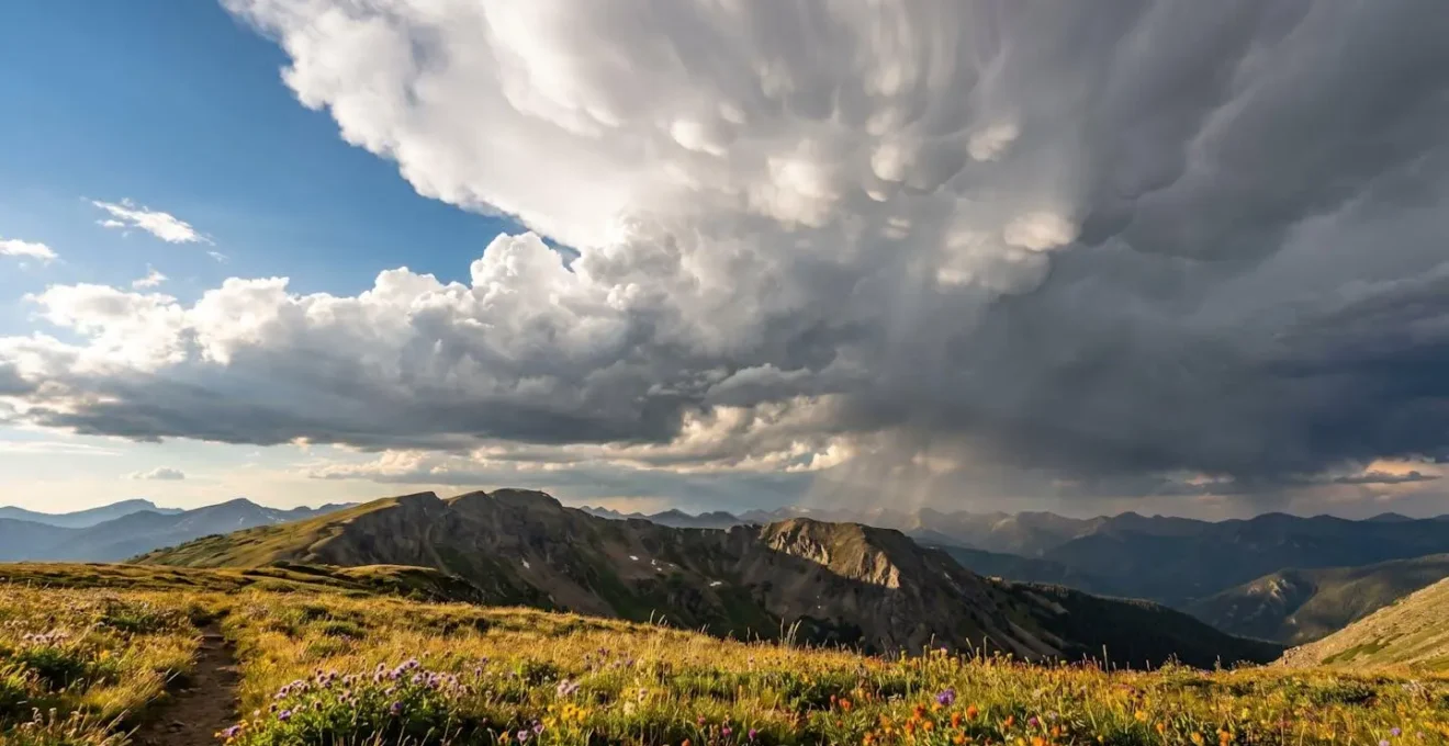 Drammatica formazione di nuvole cumuliformi sopra cresta montana che segnala cambiamento meteorologico imminente