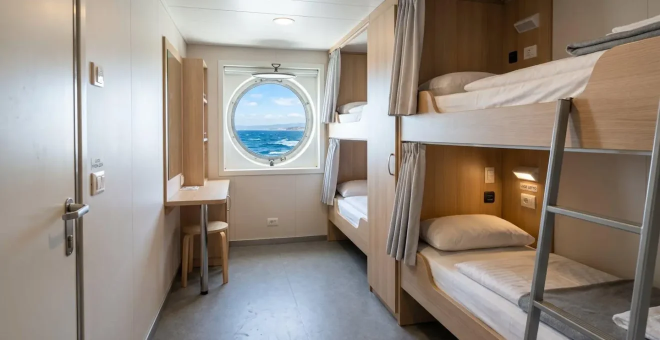 Interno luminoso di una cabina moderna di traghetto con letti a castello ordinati e oblò che mostra vista sul mare