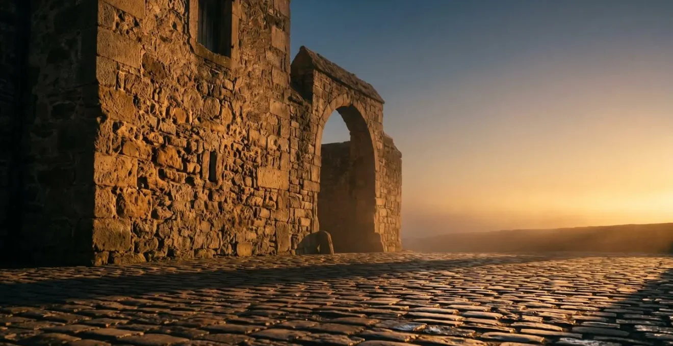 Borgo medievale italiano durante l'ora dorata con luce calda che scolpisce l'architettura in pietra