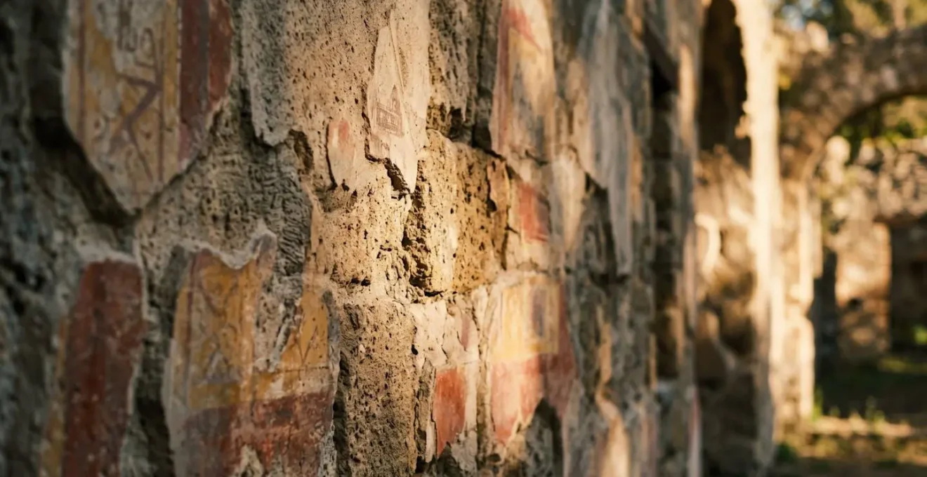 La luce del tardo pomeriggio illumina lateralmente un affresco antico rivelando texture e dettagli altrimenti invisibili