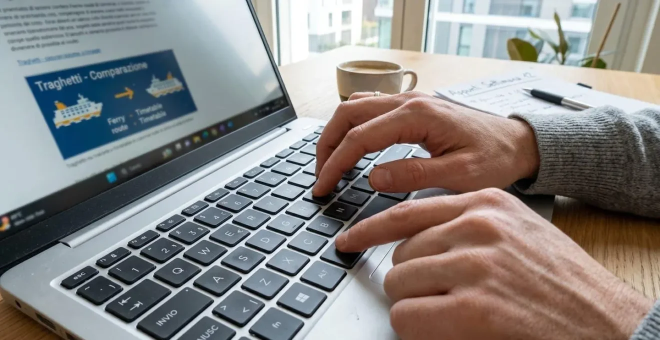 Dettaglio ravvicinato di una mano che digita sulla tastiera di un laptop con schermata di comparazione traghetti sfocata sullo sfondo