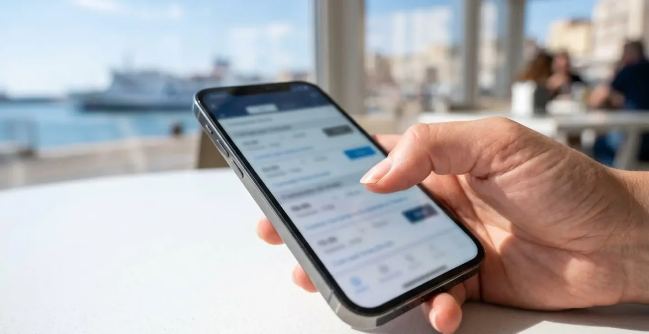 Primo piano estremo di una mano che tiene uno smartphone con schermo che mostra un'interfaccia di comparatore traghetti completamente sfocata, su sfondo bokeh pulito e superficie moderna