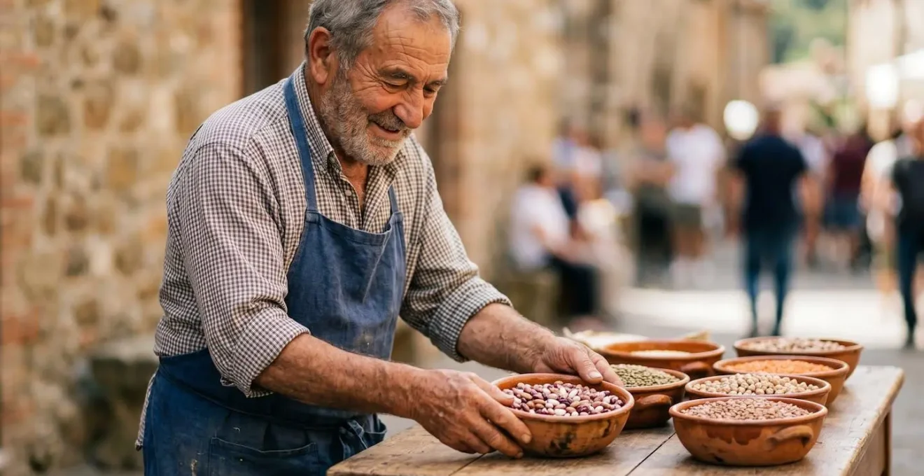 Produttore artigiano locale che presenta i suoi prodotti tradizionali in una sagra di paese