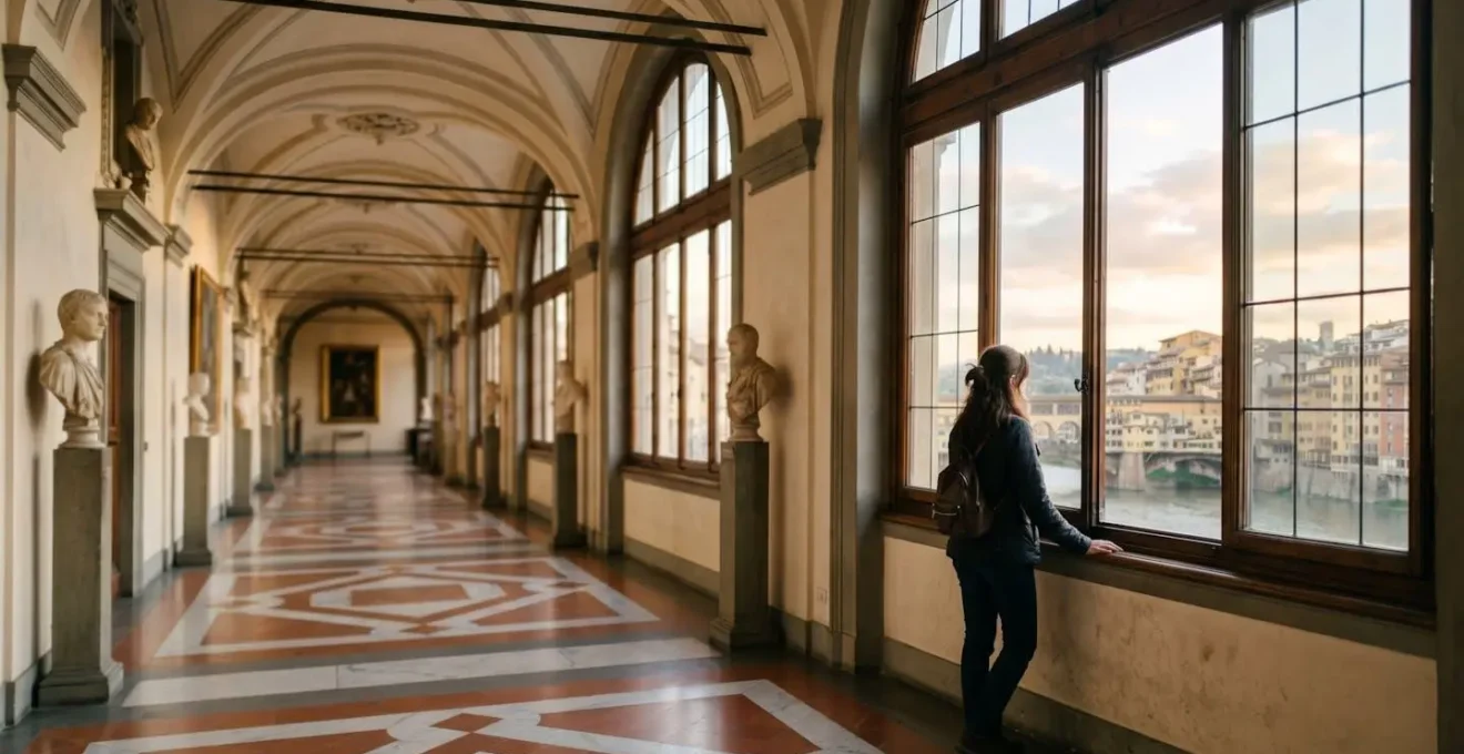 Visitatore che osserva l'Arno da una finestra degli Uffizi durante una pausa contemplativa