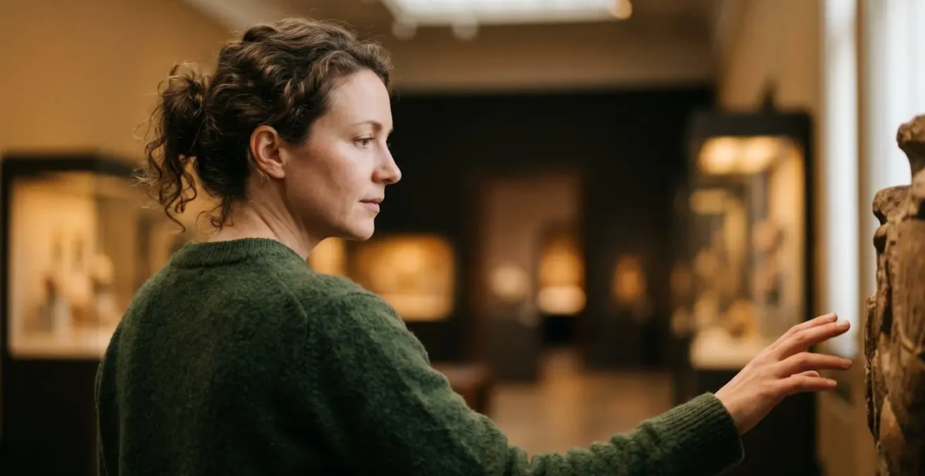 Visitatore concentrato che osserva attentamente un manufatto archeologico in museo italiano